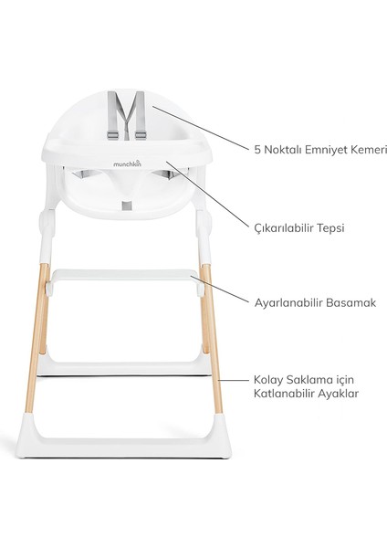 Katlanabilir,Portatif, Mama Sandalyesi,Kompakt Tasarım, Ayarlanabilir Ayaklık ve Tepsi Beyaz/Kahverengi