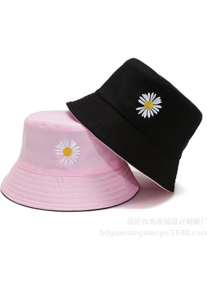 Bucket Hat Kadın Çift Taraflı Yazlık Vizörlü Günlük Pot Şapka, Siyah ve Pembe, Küçük Papatya (Yurt Dışından)