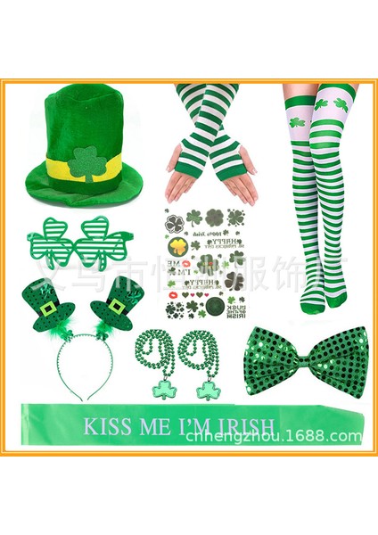 Aziz Patrick Günü Kostüm Süslemeleri Irlanda Günü Partisi Seti 10 Parça Set Yonca Boncuk Zincir Kör Gözlük Yeşil Omuz Askısı (Yurt Dışından)