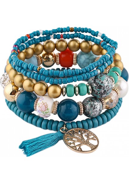 Adet Bohemian Bilezik Hayat Ağacı ile Püskül Kolye Bilezik Kadınlar Için Streç Çok Katmanlı Bilezik Seti Kadınlar Için Çok Renkli Takı (Yurt Dışından)