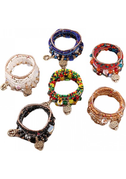 6 Takım Bohem Boncuklu Çok Katmanlı Bileklik - Istiflenebilir Boncuklu Strand Streç Bilezikler Işıltılı Kristal Karışımı, Püskül Charm Kolye Çok Katmanlı Boncuklu Bileklik (Yurt Dışından)