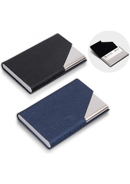 Business Card Holder, Slim Professional 2 Packs Pu Leather+Stainless Steel Business Card Case For Traveling And Business-Black And Blue (Yurt Dışından)