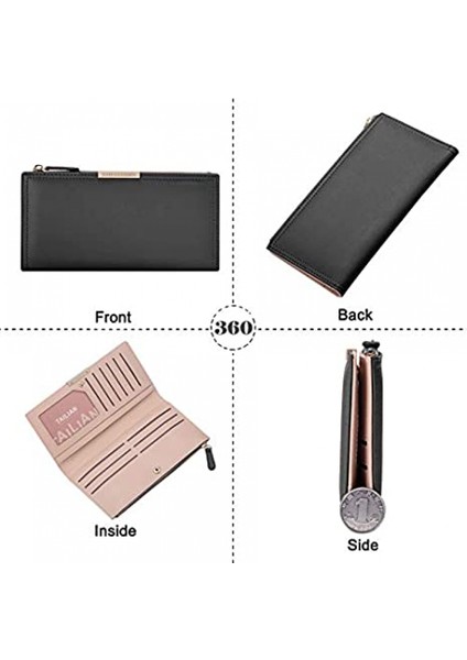 Wallet Leather Rfıd Blocking Credit Card Holder Bifold Clutch Coin Zipper Travel Long Purse For Women Girls---- Mysterious Black (Yurt Dışından) modelleri