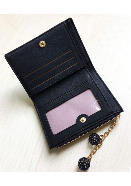 Kadın Rfid Küçük Bifold Deri Cüzdan Bayan Mini Fermuarlı Bozuk Para Cüzdanı Kimlik Kartı Cebi, Ince Kompakt Ince ---- Siyah C (Yurt Dışından)