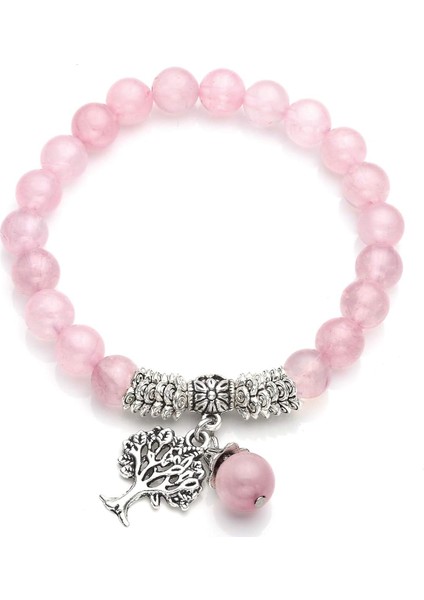 Streç Gül Kuvars Hayat Ağacı Şanslı Taş Bilezik Reiki Şifa Kristal Taş Dangle Charms Kolye Birthstone Bilezik (6.2 ") (Yurt Dışından)