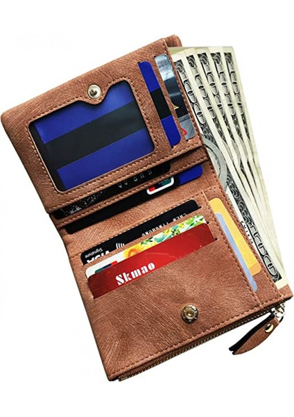 Kadın Rfid Küçük Bifold Deri Cüzdan Bayanlar Mini Fermuar Bozuk Para Cüzdanı Kimlik Kartı Cebi, Ince Kompakt Ince ---- Kahverengi B (Yurt Dışından) modelleri