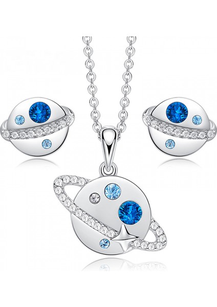 Romantik Sevgililer Günü Hediyesi Mücevher Kolye Saplama Küpe Seti, Kristal Kolye Kolye Saplama Küpe Kadın Birthstone Kolye, Mavi Gezegen (Yurt Dışından)