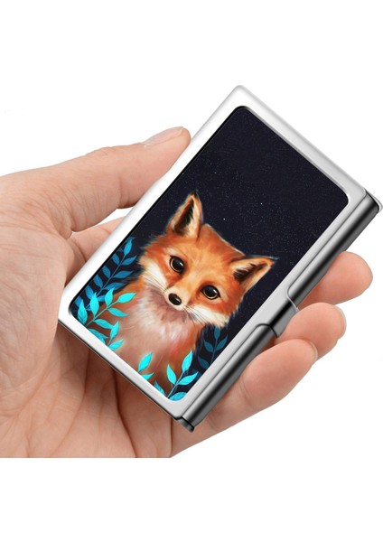 Design Sliver Business Card Holder, Metal Stainless Steel Name Wallet Credit Case For Men &amp; Women-Wolf (Fox Baby) (Yurt Dışından)