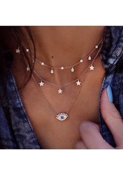 Çok Katmanlı Kolye, Kadın Tam Elmas Pentagram Göz Kolye Çok Katmanlı Kolye Seti, Yıldız Kolye Katmanı Bayan Takı (Yurt Dışından)