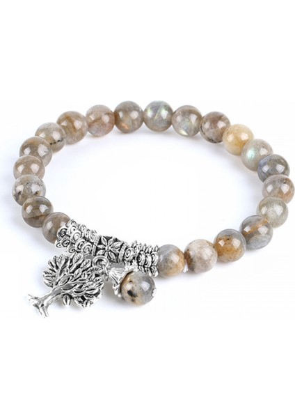 8mm Pürüzsüz Doğal Uzatılmış Taş Flaş Taş Elastik Boncuklu Bilezik Antik Gümüş Hayat Ağacı Charm Takı Bilezik (Yurt Dışından)