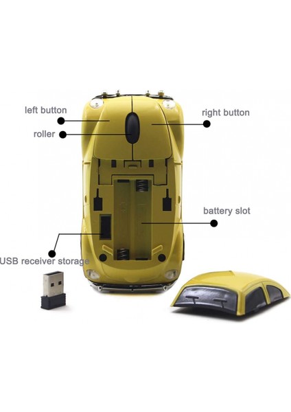 Araba Fare Kablosuz Fare Dizüstü Masaüstü Bilgisayar Fareleri, 2.4ghz USB Alıcı LED Far (Siyah) (Yurt Dışından)