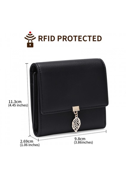 Kadın Cüzdan Deri Yaprak Kolye Kartlık Fermuarlı Cep Telefonu Clutch, A-Siyah, Orta, Rfid Cüzdan (Açık Mavi) (Yurt Dışından)