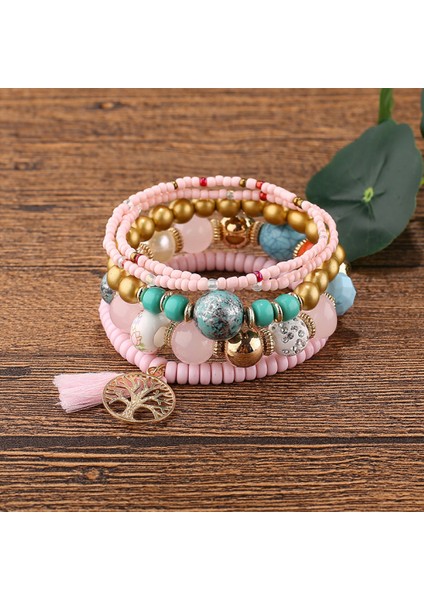 Adet Bohemian Bilezik Hayat Ağacı ile Püskül Kolye Bilezik Kadınlar Için Streç Çok Katmanlı Bilezik Seti Kadınlar Için Çok Renkli Takı (Yurt Dışından)