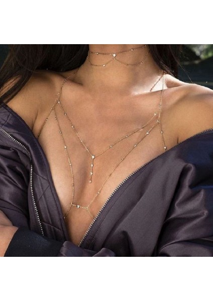 Kristal Rhinestone Boncuk Vücut Zinciri Demeti Vücut Takı Bikini Sütyen Kadınlar ve Kızlar Için Sonsuz Kişilik Vücut Zinciri Aksesuarları (Altın) (Yurt Dışından)