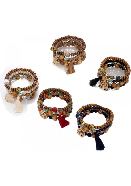 Takım Bohemian Ahşap Boncuklu Bilezikler Kadınlar Için Set Çok Katmanlı Streç Püskül Bilezik Seti Fil Charm Aşk Bildirimi Bilezik (Yurt Dışından)