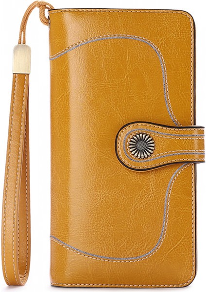 Bayan Cüzdan Rfıd Engelleme Deri Cüzdan Büyük Kapasiteli Uzun Kredi Kartı Nakit Klip (Sarı) (Yurt Dışından)