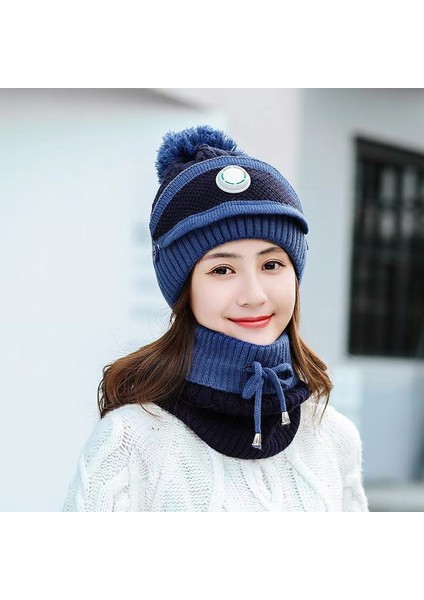 Polar Astarlı Bayan Beanie Örgü Şapka, Kışlık Eşarp Maskesi Seti, Pom'lı Kızlar Sıcak Şapka Earmuffs Cap - Mavi (Yurt Dışından)