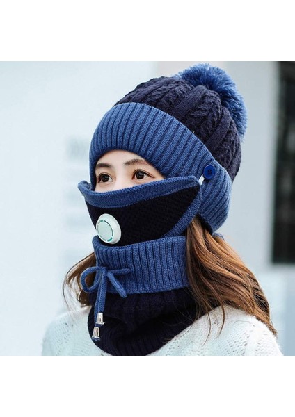 Polar Astarlı Bayan Beanie Örgü Şapka, Kışlık Eşarp Maskesi Seti, Pom'lı Kızlar Sıcak Şapka Earmuffs Cap - Mavi (Yurt Dışından)