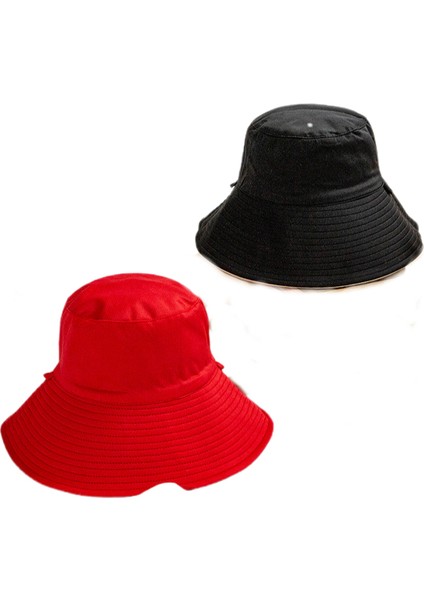 Kova Şapka Plaj Balıkçı Şapkaları Pamuk Çift Taraflı Güneş Şapkası Yürüyüş Kamp Avcılık Seyahat Balıkçılık-Kırmızı/siyah (Yurt Dışından)