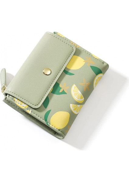 Cute Lemon Zipper Pocket Trifold Small Wallets Card Holder Id Window Purse Coin Pouch For Women Ladies (Green, Lemon Print) (Yurt Dışından)