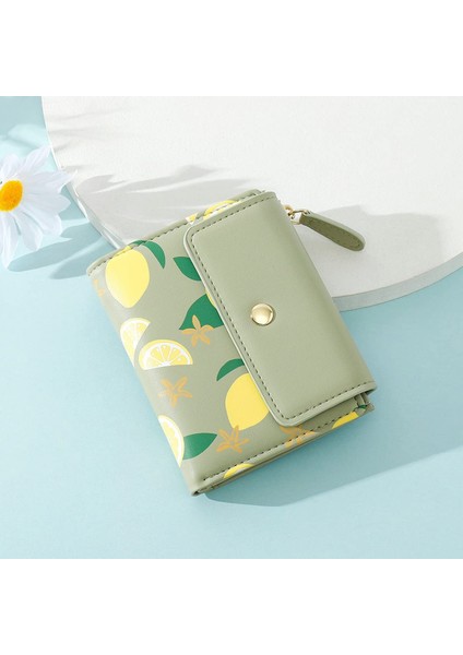 Cute Lemon Zipper Pocket Trifold Small Wallets Card Holder Id Window Purse Coin Pouch For Women Ladies (Green, Lemon Print) (Yurt Dışından)