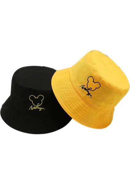Bucket Hat Kadın Çift Taraflı Yazlık Vizörlü Günlük Şapka, Sarı ve Siyah, Mickey (Yurt Dışından)