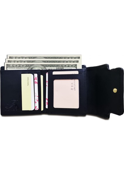 Bayan Cüzdan Rfid Küçük Bayan Cüzdan Üç Katlı Çiçek Deri Bayan Cüzdan (Siyah) (Yurt Dışından)