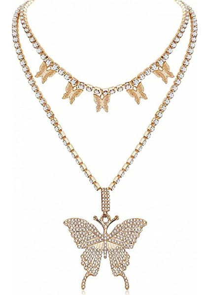 Muhteşem Kelebek Gerdanlık Kolye Katmanlı Tenis Zinciri Kristal Buzlu Out Kelebekler Kolye Kadınlar Için Sparkly Kelebek Zincir Takı (Yurt Dışından)