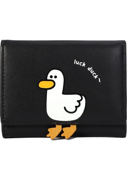 Cute 3D Duck Tri-Folded Wallet Small Wallet Cash Pocket Card Holder Id Window Purse For Women (Black, Duck Prınt) (Yurt Dışından)