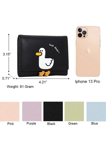 Cute 3D Duck Tri-Folded Wallet Small Wallet Cash Pocket Card Holder Id Window Purse For Women (Black, Duck Prınt) (Yurt Dışından)