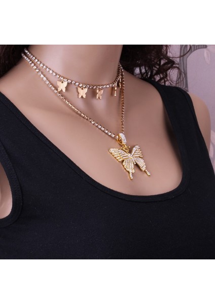Muhteşem Kelebek Gerdanlık Kolye Katmanlı Tenis Zinciri Kristal Buzlu Out Kelebekler Kolye Kadınlar Için Sparkly Kelebek Zincir Takı (Yurt Dışından) fırsatları