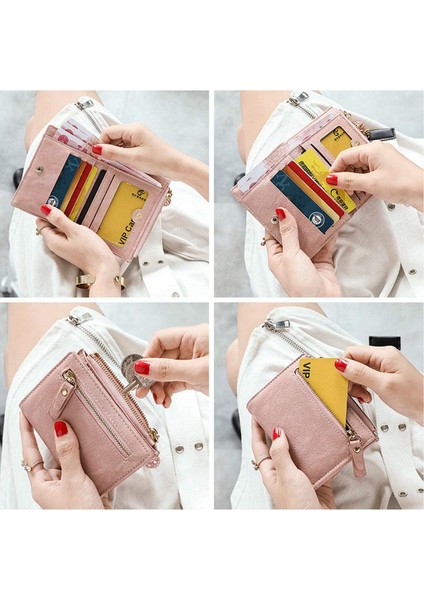 Kadın Rfid Küçük Bifold Deri Cüzdan Bayanlar Mini Fermuar Bozuk Para Cüzdanı Kimlik Kartı Cebi, Ince Kompakt Ince ---- Pembe C (Yurt Dışından)