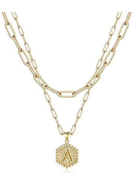 Wekity Kadın Katmanlı Ilk Kolye, 14 Ayar Altın Kaplama Ataç Zincir Kolye Basit Sevimli Hex Alfabe Kolye Ilk Kolye (Yurt Dışından)