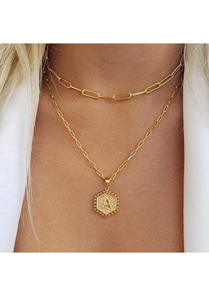 Wekity Kadın Katmanlı Ilk Kolye, 14 Ayar Altın Kaplama Ataç Zincir Kolye Basit Sevimli Hex Alfabe Kolye Ilk Kolye (Yurt Dışından) indirimleri
