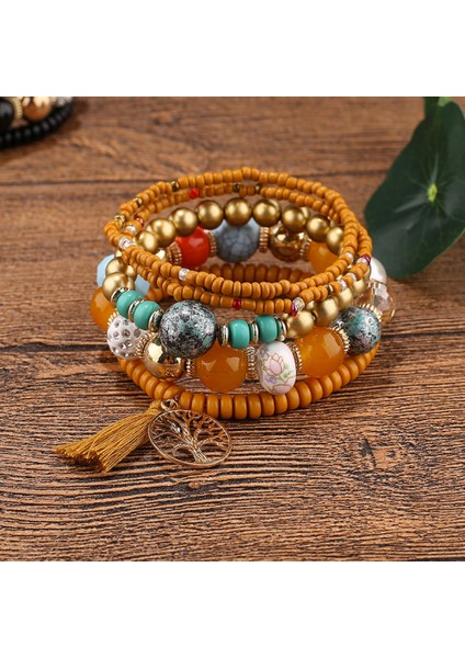 Adet Bohemian Bilezik Hayat Ağacı ile Püskül Kolye Bilezik Kadınlar Için Streç Çok Katmanlı Bilezik Seti Kadınlar Için Çok Renkli Takı (Yurt Dışından)