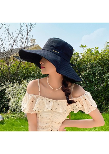 Büyük Kenarlı Balıkçı Şapkası Kadın Uv Koruma Güneş Şapkası Katlanır Güneş Şapkası Seyahat Plaj Şapkası, Siyah (Yurt Dışından)