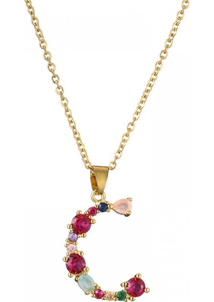 Kadın Kolyeleri - Ingilizce C Harfi Kolye Kolye Kakma Renkli Değerli Taşlar Klavikula Zinciri Kadın Takıları (Yurt Dışından)