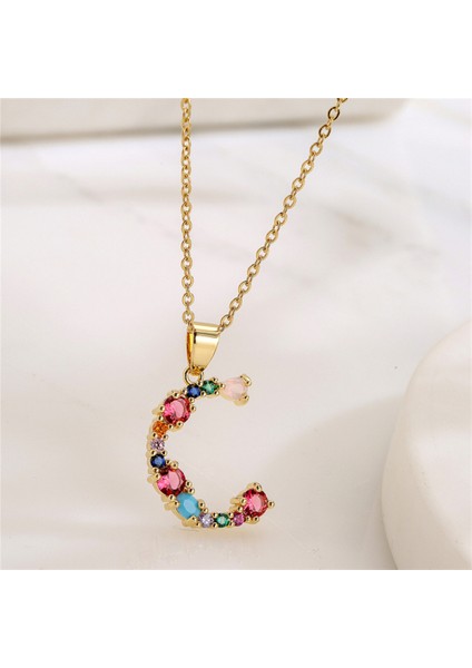 Kadın Kolyeleri - Ingilizce C Harfi Kolye Kolye Kakma Renkli Değerli Taşlar Klavikula Zinciri Kadın Takıları (Yurt Dışından) fırsatları