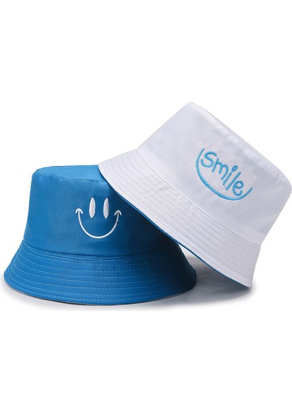 Bucket Hat Kadın Çift Taraflı Yazlık Vizör Günlük Pot Şapka, Mavi ve Beyaz, Smiley (Yurt Dışından)