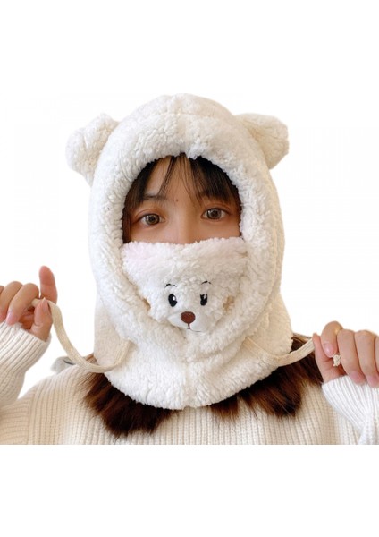 Sonbahar ve Kış Ayı Şapka Sevimli Kadın Peluş Bisiklet Rüzgar Geçirmez Sıcak Kulak Koruyucu Maske Eşarp Entegre Şapka(Beyaz) (Yurt Dışından)
