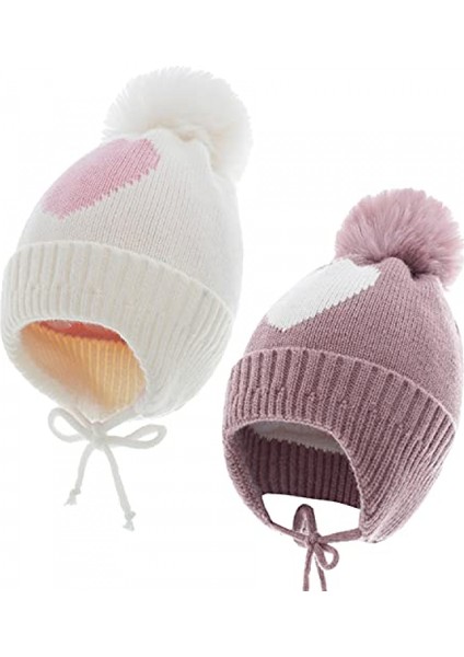 Bebek Kız Beanie Şapka, Bebek Yürüyor Kış Sıcak Örgü Şapka, Küçük Kızlar Için Kış Sıcak Bere Şapka 2 Adet - Beyaz Pembe (Yurt Dışından)