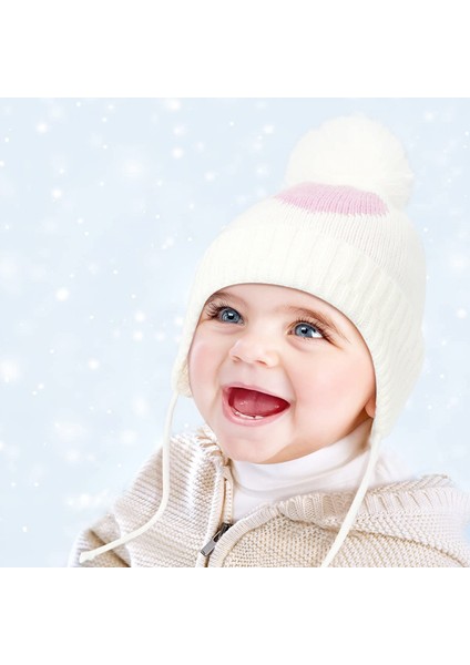 Bebek Kız Beanie Şapka, Bebek Yürüyor Kış Sıcak Örgü Şapka, Küçük Kızlar Için Kış Sıcak Bere Şapka 2 Adet - Beyaz Pembe (Yurt Dışından)