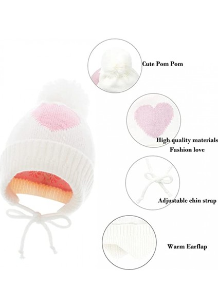 Bebek Kız Beanie Şapka, Bebek Yürüyor Kış Sıcak Örgü Şapka, Küçük Kızlar Için Kış Sıcak Bere Şapka 2 Adet - Beyaz Pembe (Yurt Dışından)