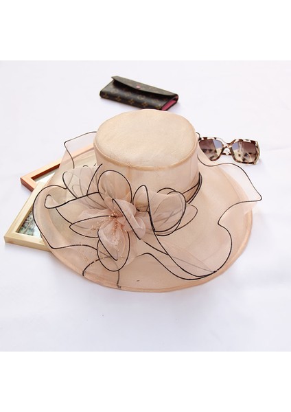 Örgü Çiçek Dekorasyonlu Bayanlar Güneş Şapkası Geniş Kenarlı Plaj Güneş Koruma Şapkası Organze Silindir Şapka (Yurt Dışından)