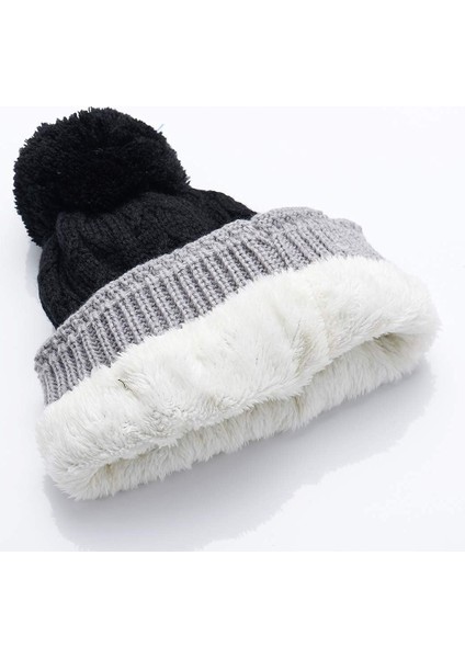 Polar Astarlı Bayan Beanie Örgü Şapka, Kışlık Eşarp Maskesi Seti, Pom'lı Kızlar Sıcak Şapka Earmuffs Cap - Siyah (Yurt Dışından)