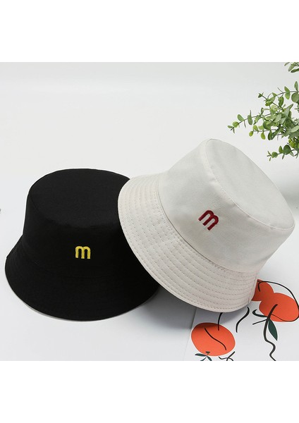 Bucket Hat Kadın Çift Taraflı Yazlık Vizörlü Günlük Pot Şapka, Bej ve Siyah, M Harf (Yurt Dışından)