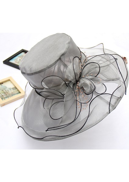 Örgü Çiçek Dekorasyonlu Bayanlar Güneş Şapkası Geniş Kenarlı Plaj Güneş Koruma Şapkası Organze Silindir Şapka (Yurt Dışından)