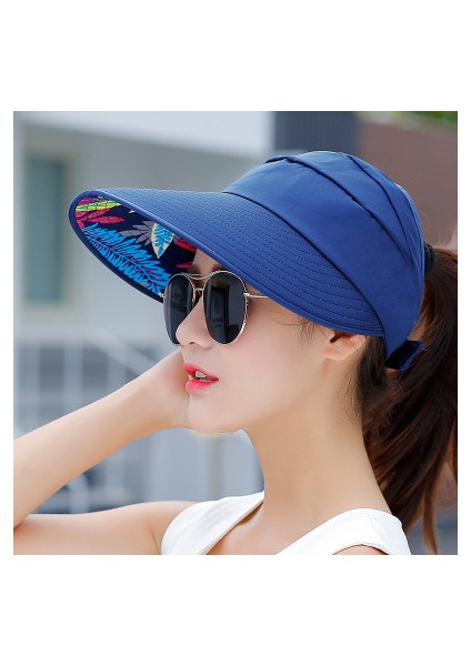 Yaz Kadın Toprak Katlanabilir Güneş Koruyucu Boş Silindir Şapka Kore Versiyonu Büyük Kenarlı Güneş Şapkası (Koyu Mavi) (Yurt Dışından)