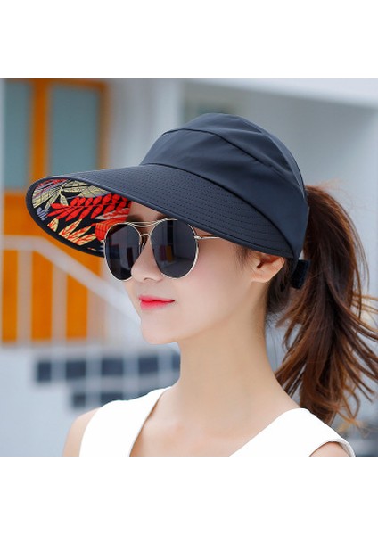 Yaz Kadın Toprak Katlanabilir Güneş Koruyucu Boş Silindir Şapka Kore Versiyonu Büyük Kenarlı Güneş Şapkası (Siyah) (Yurt Dışından)