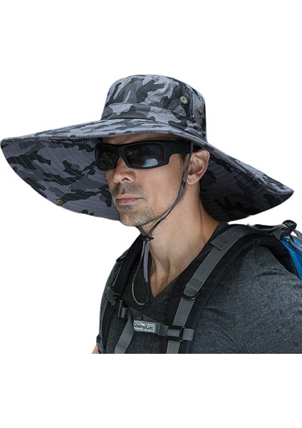 Balıkçılık, Yürüyüş, Kamp Için Erkek Geniş Kenarlı Güneş Şapkası UPF50+ Su Geçirmez Nefes Alabilir Kova Şapkası (Kamuflaj Koyu Gri) (Yurt Dışından)